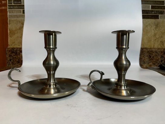 A Pair Of Pewter Colonial Winterthur Candle Sticks Made In England