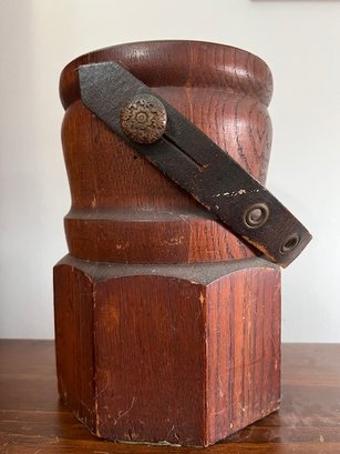 An Early Americana Wood Covered Turned Vessel With Leather Strap