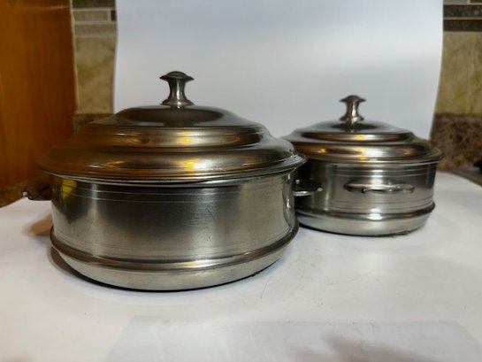 A Set Of 2 Covered Pewter Dishes