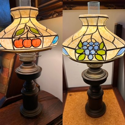 A Pair Of Vintage Hand Painted Glass And Brass Table Lamps