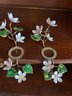 Multiple Sets Of Enamel Dogwood Flowers Over Brass Candle Toppers