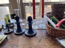 Group Of  Various Candlesticks~  Brass, Glass, Pottery, Baskets And Candles Etc