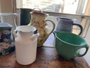 Group Of 9 Pitchers, Mainly Pottery, Porcelain, Hall, Bauhaus, Crate And Barrel, Fitz And Floyd, Metal  Vase