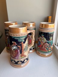 4 German Beer Steins Scenes From 1600s And 1700s