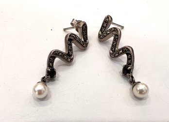Sterling Silver Pearl And Marcasite Earrings