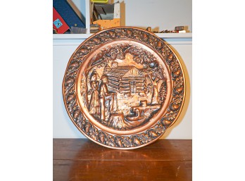 Lincoln At His Log Cabin  ~ Relief Copper Charger Plate Large, Vintage