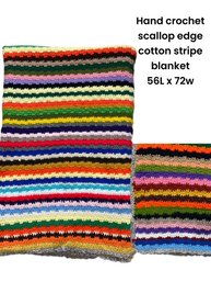 Hand Crocheted Scallop Edge Cotton Stripe Blanket 56 X 72'