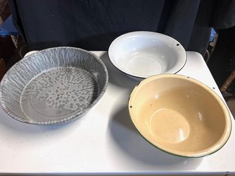 A Group Of Three Enamel Bowls Various Sizes