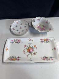 A Group Of Three Floral Porcelain Serving Pieces Minton Tray, Schumann Bowl, Dresden Plate