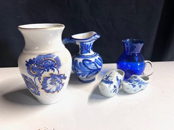 A Group Of Blue And White Porcelain, Delft Shoes, Vase, Small Pitcher And Cobalt Glass Pitcher