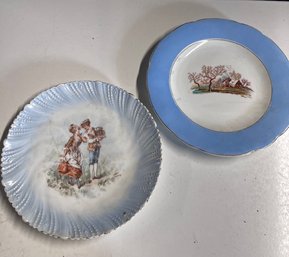 Two Antique Hand Painted - Transfer Plates