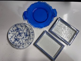 Group Of Blue And White, Cobalt Glass And Porcelain Serving Pieces, Japan, Germany