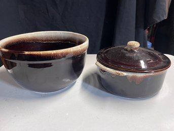 A Pair Of Brown Drip Serving Bowl And Covered Crock Approx 8 And 10'