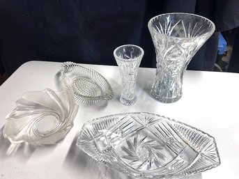 Group Of Cut And Pressed Crystal Vases, Serving Bowls