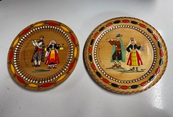 Eastern European Wooden Carved And Hand Painted Plates