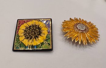 Enamel Signed ~ 2 Sunflower Pins