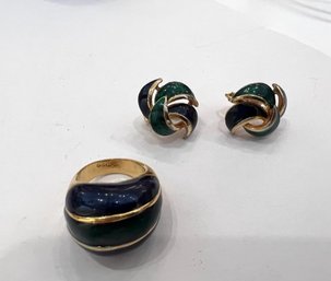 Set Of 3 Piece Set Enamel Costume Jewelry Ring And Earrings Navy And Green Signed DGC