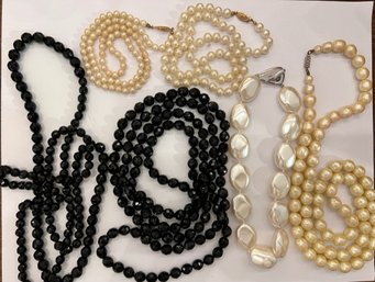 Group Of Faux Pearls And 2 Opera Length Black Crystal Necklaces