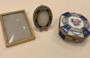 Micro Mosaic Mini Oval Frame, Brass Frame With Convex Glass And French Porcelaine Handpainted Box