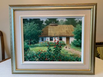 A Lovely Thatched Cottage  Painting Framed Signed Lower Left Approx 16 X 20