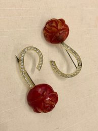Pair Of Rose Bakelite And Crystals Brooches