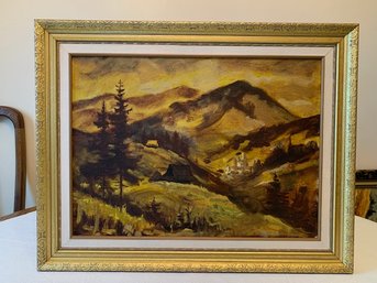 An Evening European Village Mountain Scene Oil Painting  Framed 22 X 28