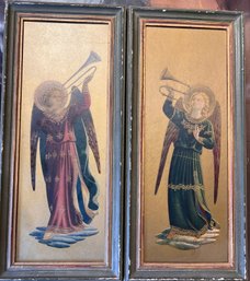 Pair Of Antique Herald Angels With Gold Metallic Background In Original Frames