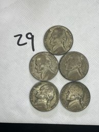 5 WWII Nickels 1942, 43, 44, 45