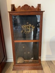 Glass And Oak Cabinet With Open Work Antique Clock We Have Keys, Working Condition