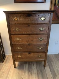 Antique Oak 5 Drawer Dresser With Brass Handles And Bow Top