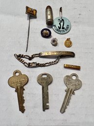 Group Of Various Antique Keys, Bracelet, Pins And Bullet!