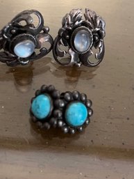 2 Pair Of Sterling Silver Non Pierced Earrings, Moonston And Turquoise Stones