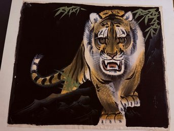 Asian Painting On Board Signed Tiger Full Frontal View Approx 14 X 18