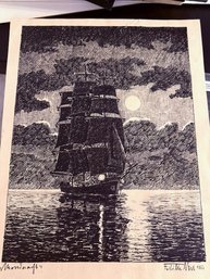 Original Pen And Ink Illustration Of Ship Sailing In The Night Signed And Titled 1950