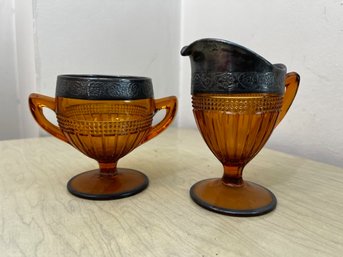 Amber Glas With Silver Reamer And Sugar Bowl