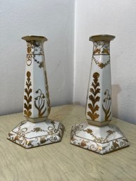 A Pair Of Exquisite Gold Hand Painted Porcelain Candlesticks Nippon
