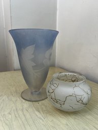 2 MCM Glass Vases, One Etched Bue And White