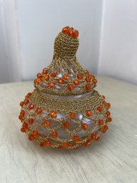 Vintage Gold Crochet And Orange Beaded Covered Glass Jar