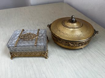 An Antique French Cut Crystal Box And Filigree Covered 3 Compartment Dish