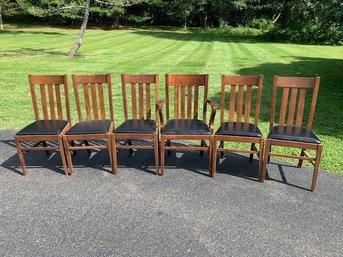 5 Mission Oak Side Chairs And 1 Arm Chair Black Covered Seats