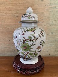 Asian Porcelain Covered Ginger Jar On Mahogany Base