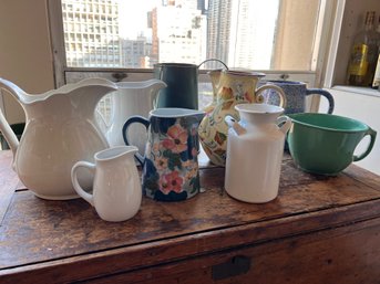 Group Of 9 Pitchers, Mainly Pottery, Porcelain, Hall, Bauhaus, Crate And Barrel, Fitz And Floyd, Metal  Vase