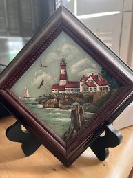 Small Lighthouse Tile With Painted Glass On Easel