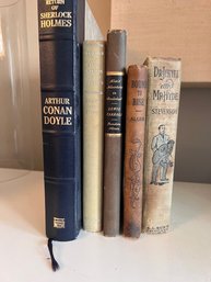 5 Antique Books Including Sherlock Holmes, Alice In Wonderland, King Arthurs Knights, Alger, RL Stevenson
