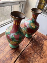 Pair Of Vintage Cloisone On Brass Vases AS IS