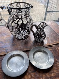 2 Antique Silver On Glass Pitchers And 2 Round Trays  AS IS  See Pictures