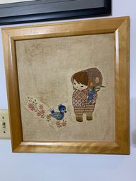 14' Square Needlework Child With Baby Duck