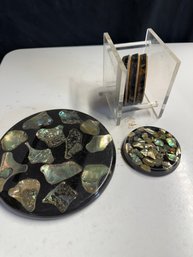 Set Of  Plimptons Genuine Abalone  In Lacquer Trivet And Coaster Set