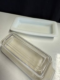 Fire King And Pyrex Butter Dish. One Cover Fits Both