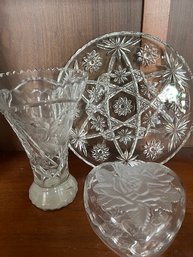 Crystal Tray, Vase And Covered Rose Glass Box